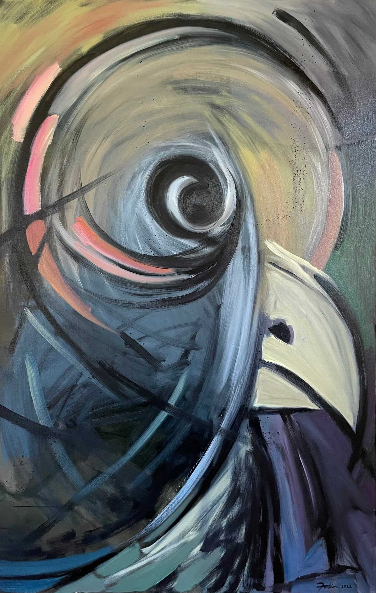 Painting by Fadia Badrawi titled Bird's Eye, a sweeping circular composition with a crested bird