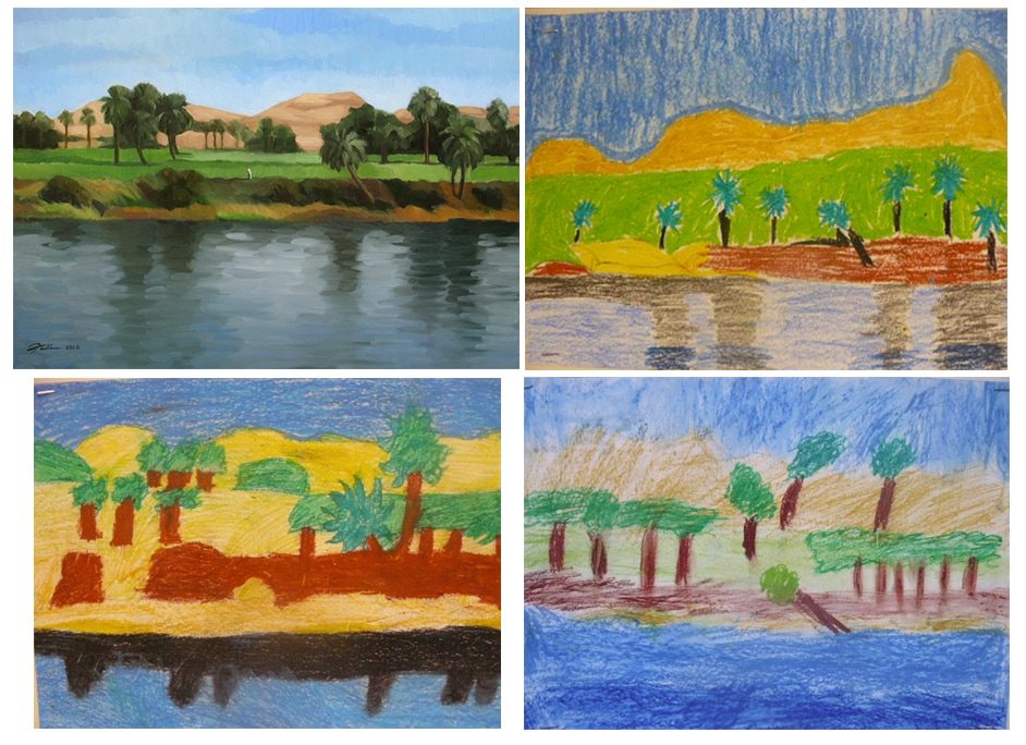 Children's drawings based on a painting of the Nile banks