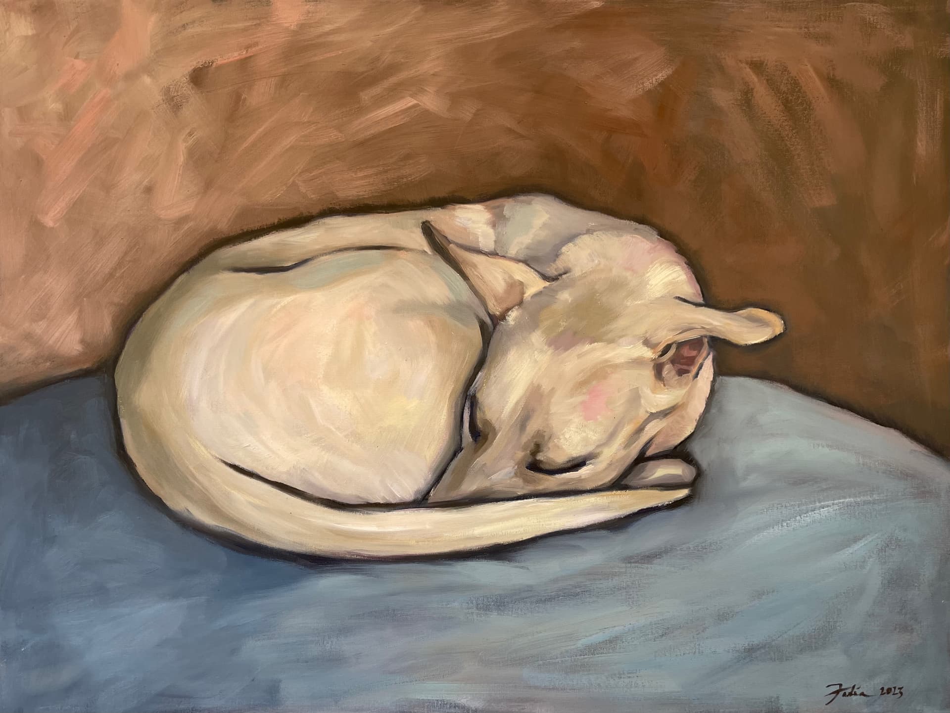 Painting of Dino the dog curled up sleeping, oil on canvas