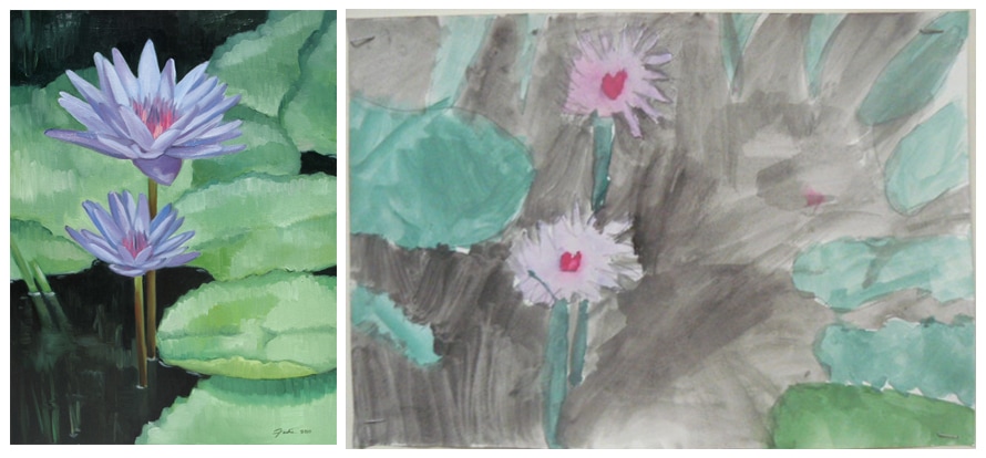 A child's drawing based on a painting of lotus flowers