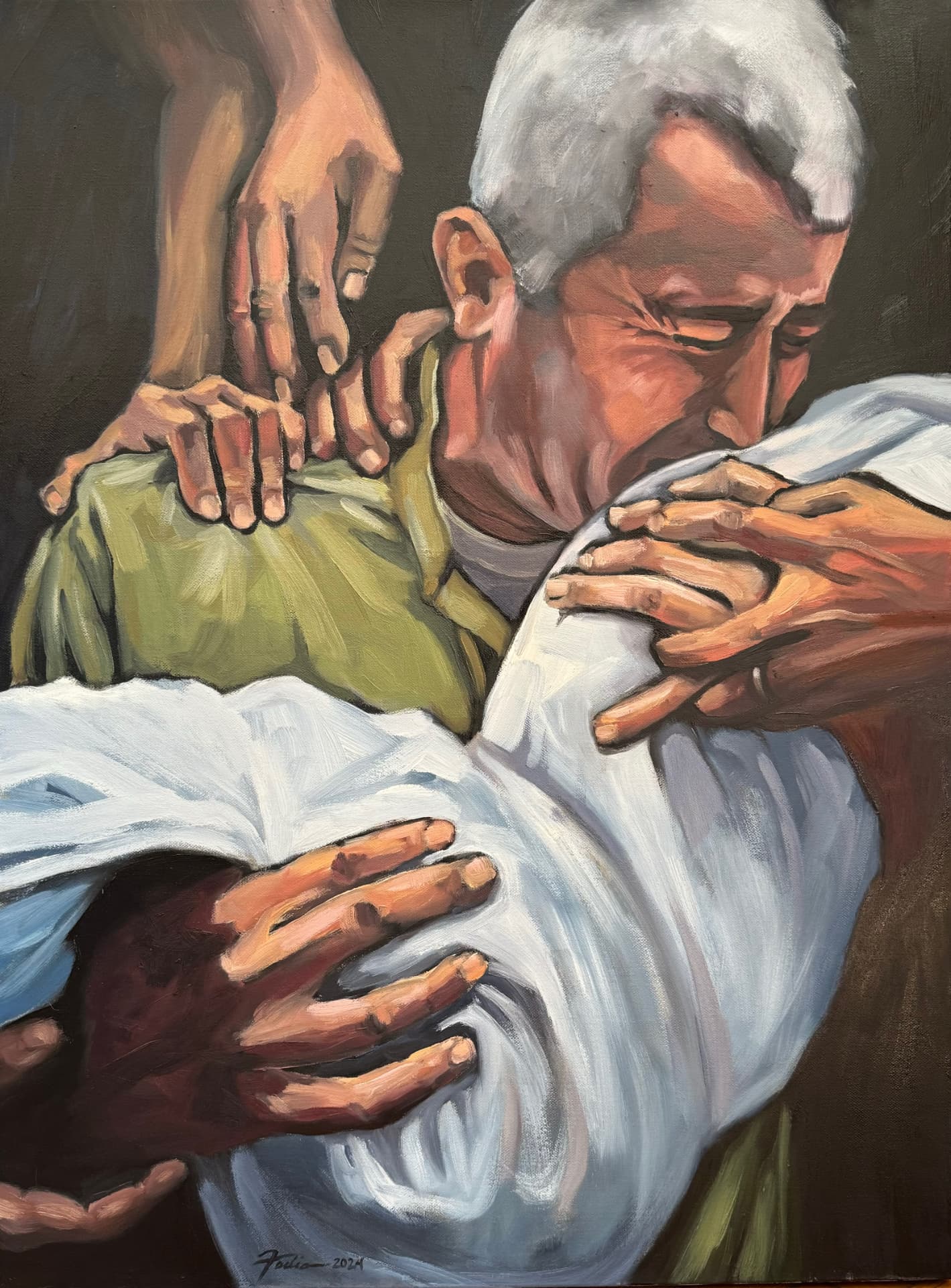 Painting of an elderly man grieving, embraced by comforting hands, oil on canvas