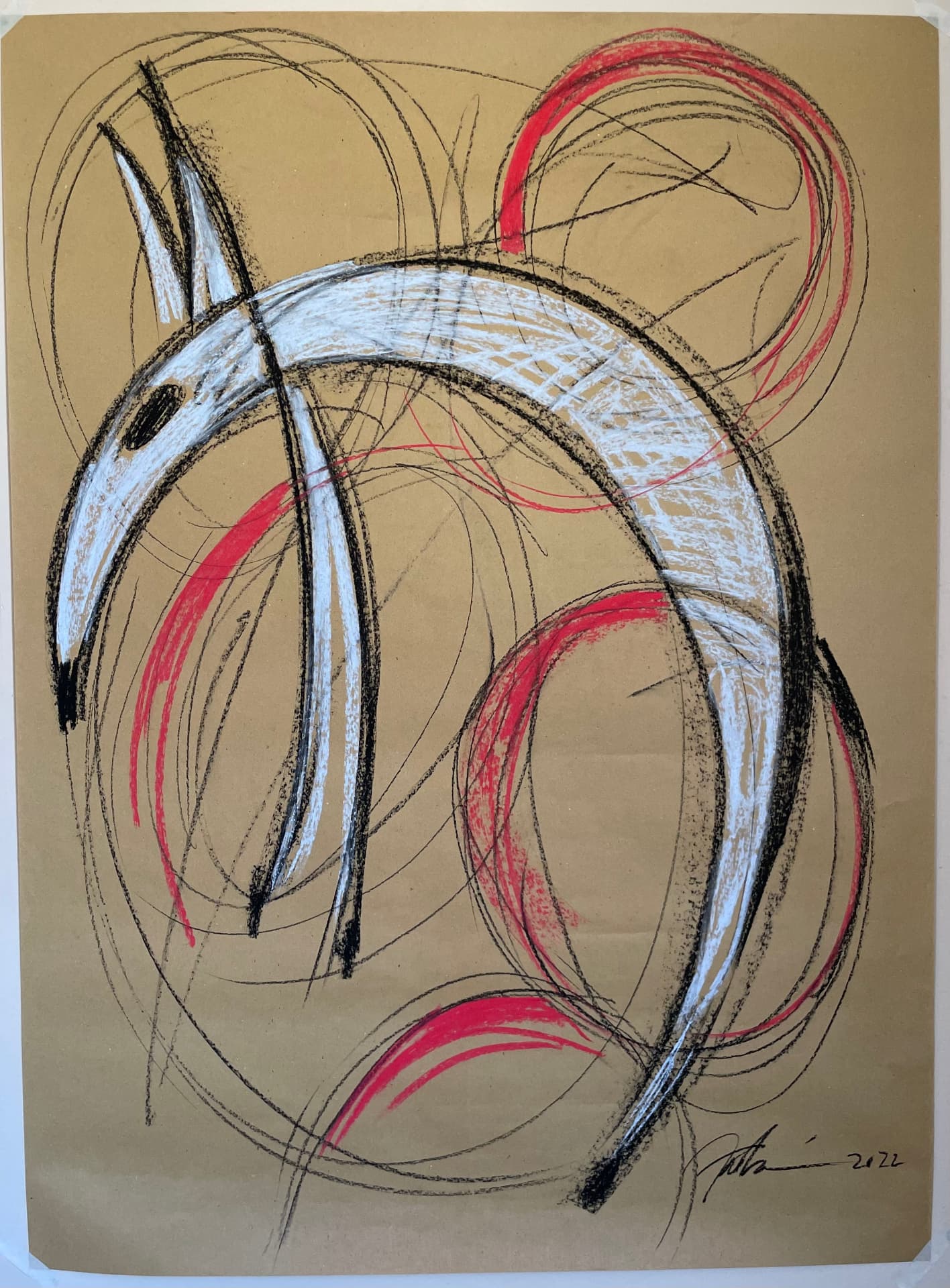 Abstract drawing on kraft paper — white and black bird form with red circles, 2022