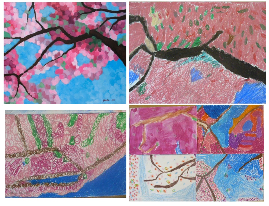 Children's drawings based on a painting of a blossoming tree