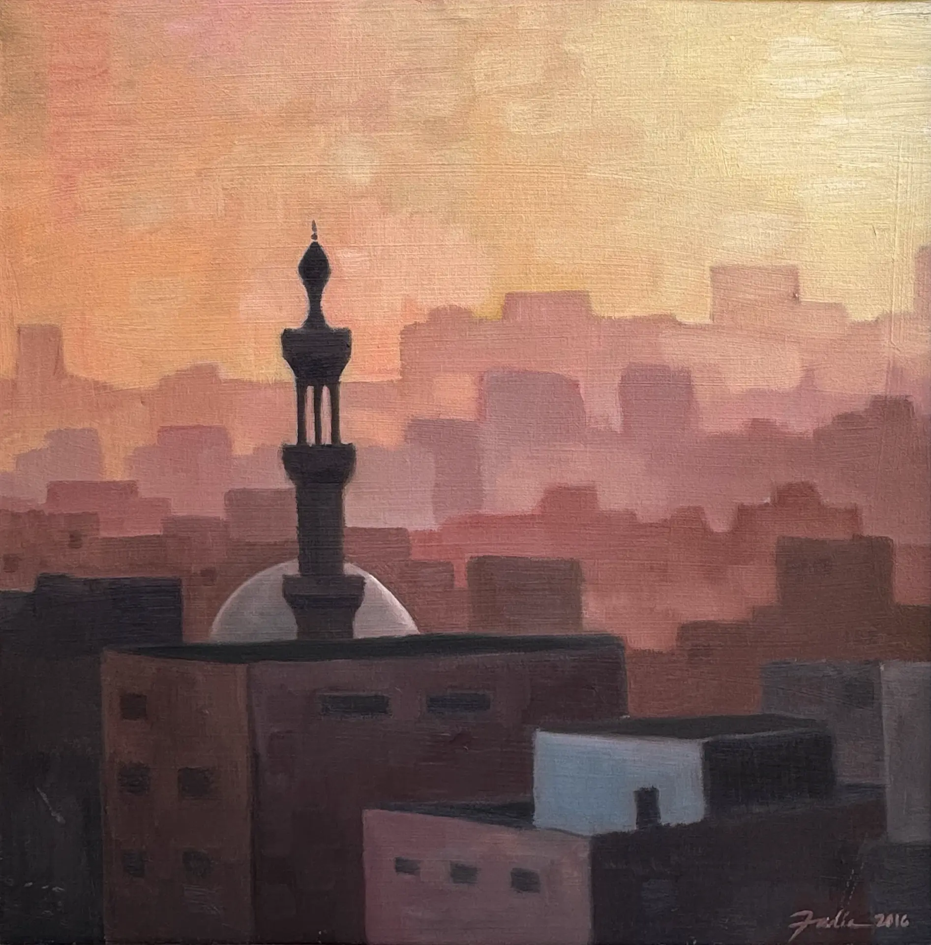 Cairo Skyline Sunset, oil on canvas